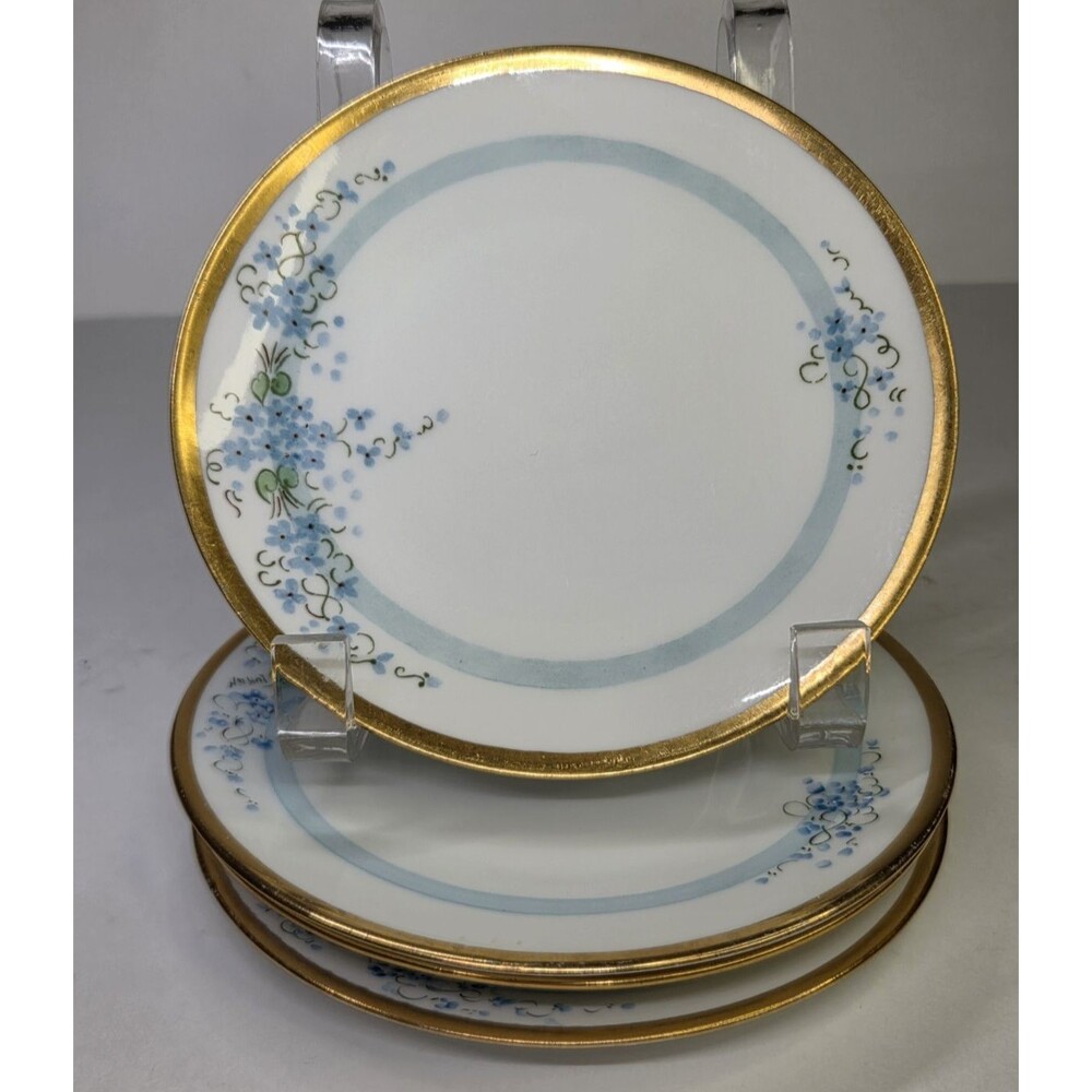 Antique Set Of 4 J&C Bavaria Forget Me Not Bread & Butter Plates Floral 6" Gold
